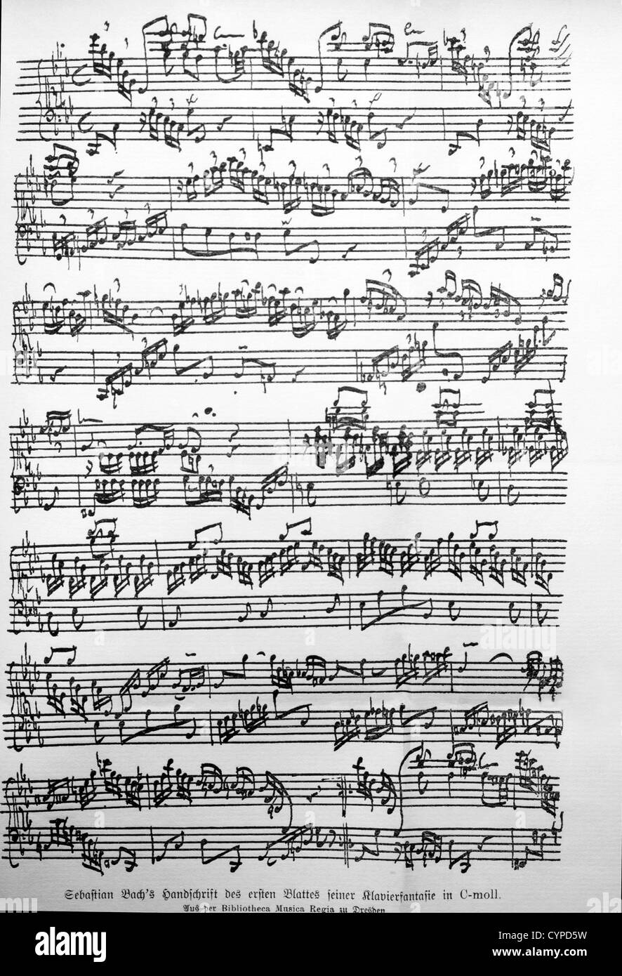 Hand Written Music from Johann Sebastian Bach, Fantasy for Piano in C Major Stock Photo