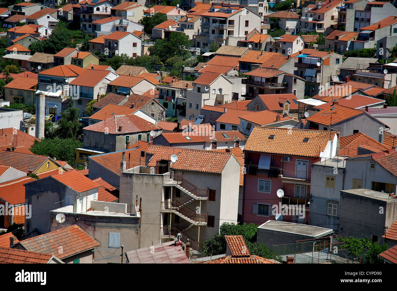 City view from Šibenik. Lots of houses and satellite antennas in the ...