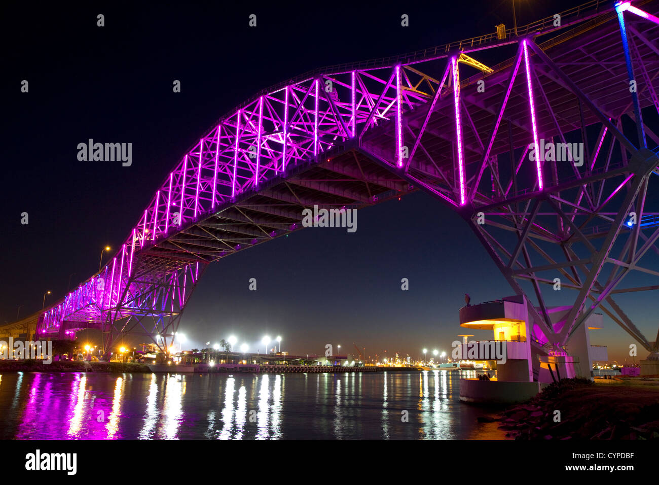 LED lights on the Corpus Christi Harbor Bridge located in Corpus Christi, Texas, USA. Stock Photo