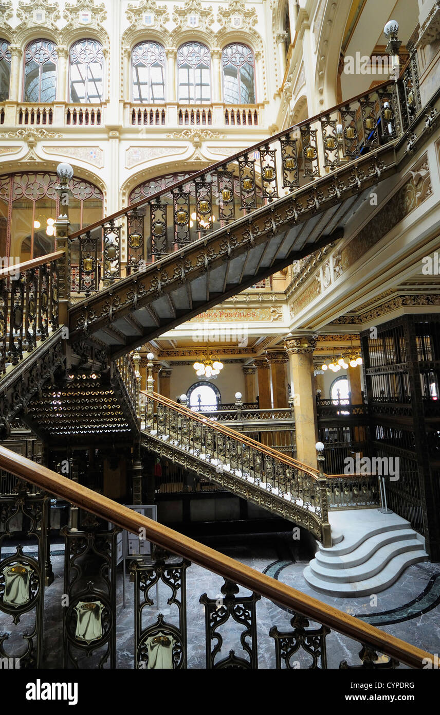 Art Nouveau interior and staircase of the Correo Central main Post Office. American  Hispanic Latin America Latino Stock Photo