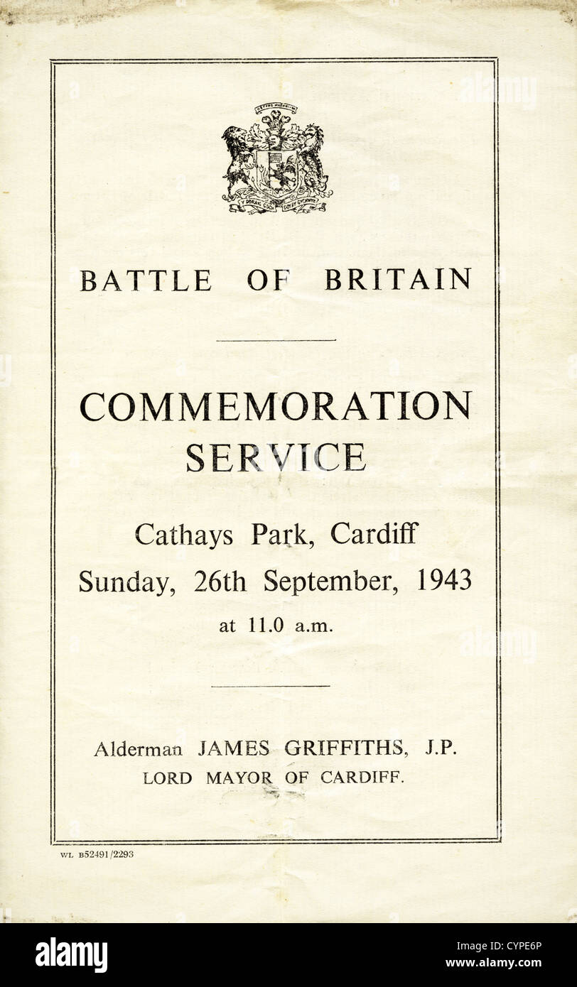 Cover of programme for Battle of Britain Commemoration Service at Cathays Park Cardiff 26th September 1943 Stock Photo