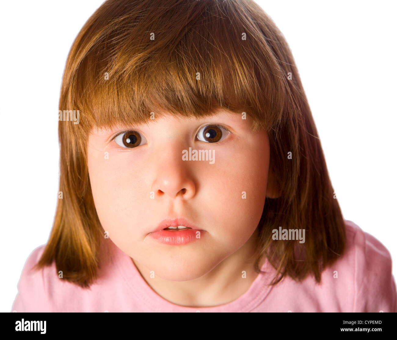 Studio portrait of a curious shy little girl isolated on white Stock ...