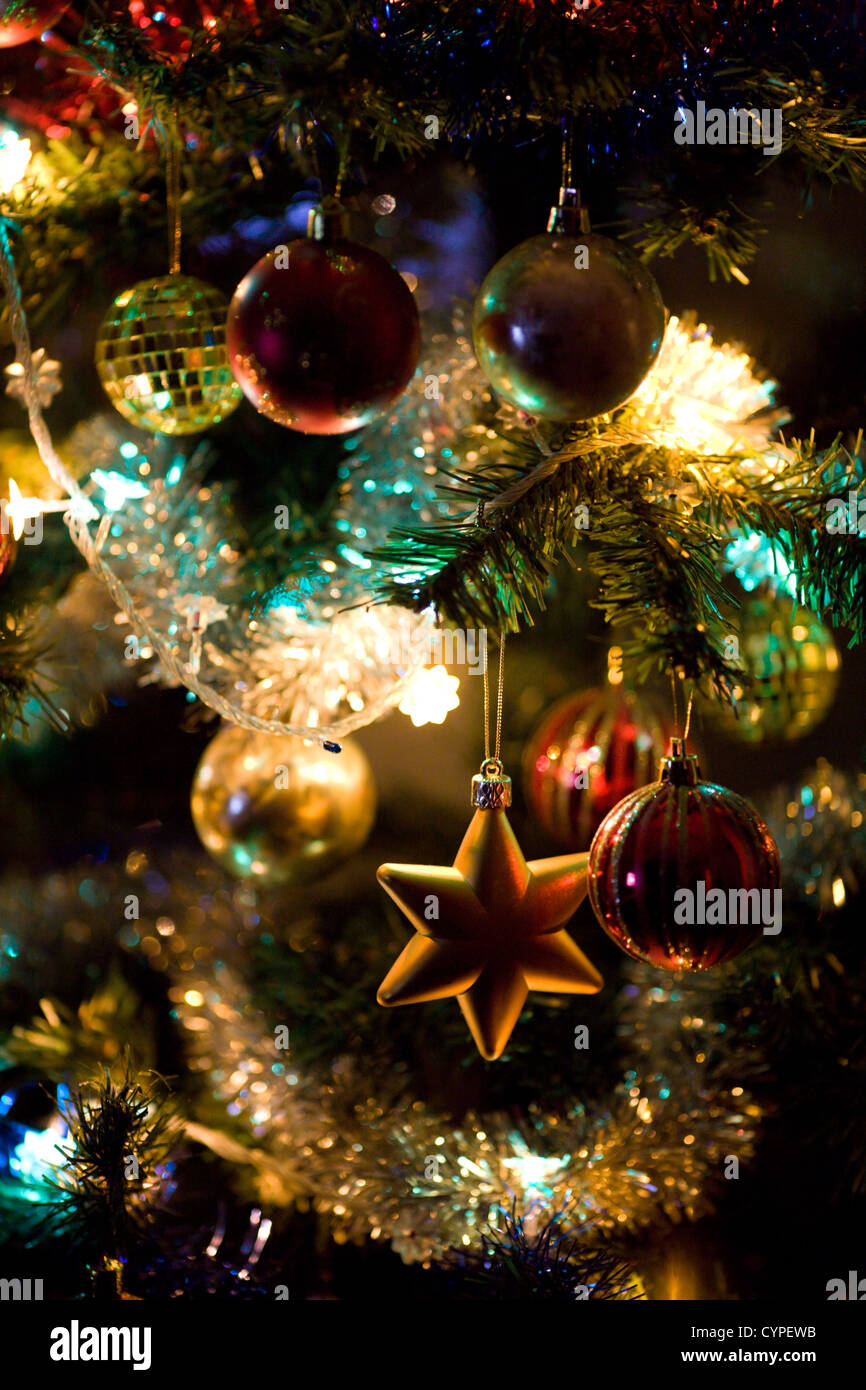 Christmas tree decorations with lights close up Stock Image