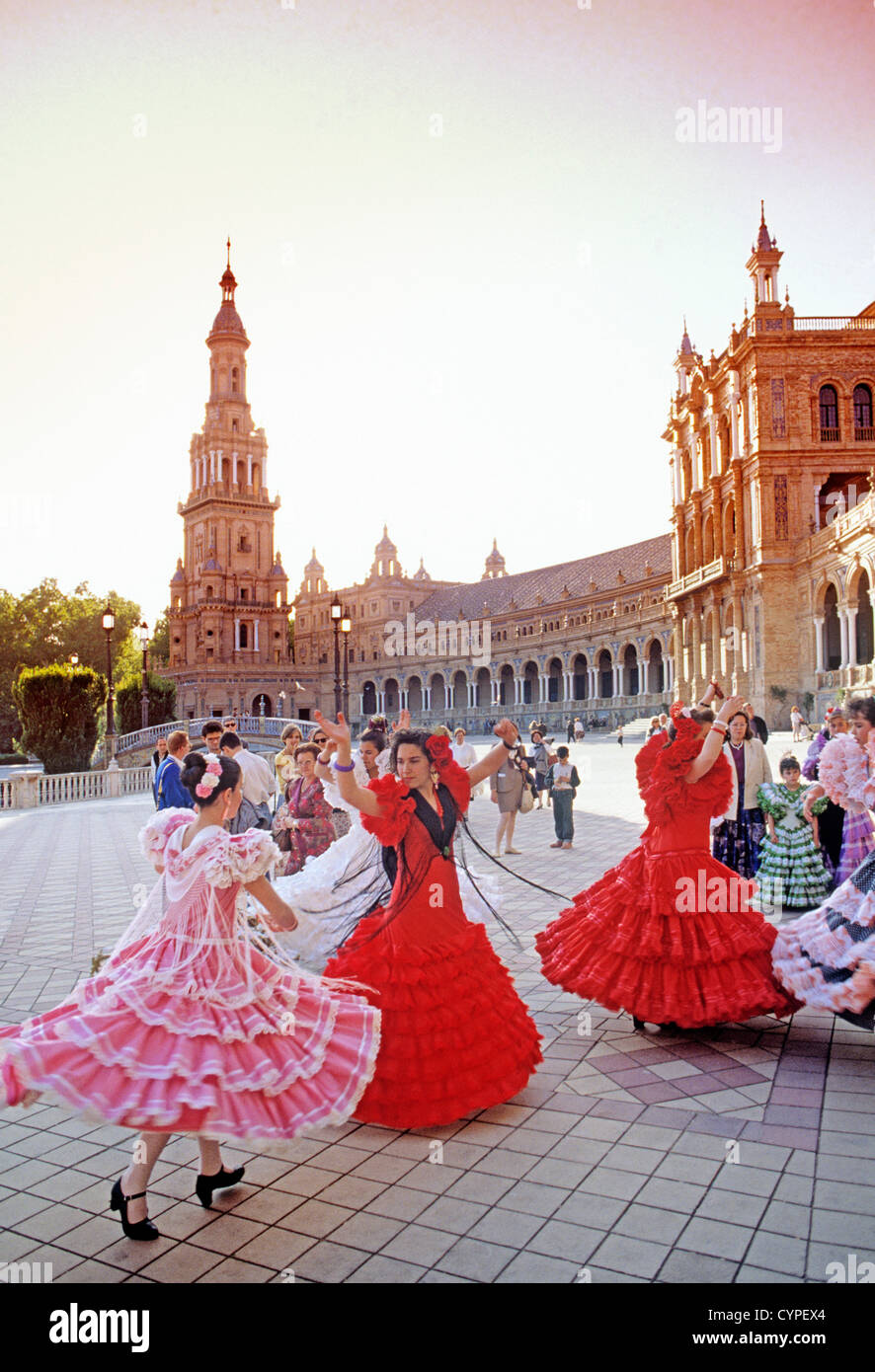 Plaza de España dancing Sevillanas April Fair Sevilla Andalucia Spain ...