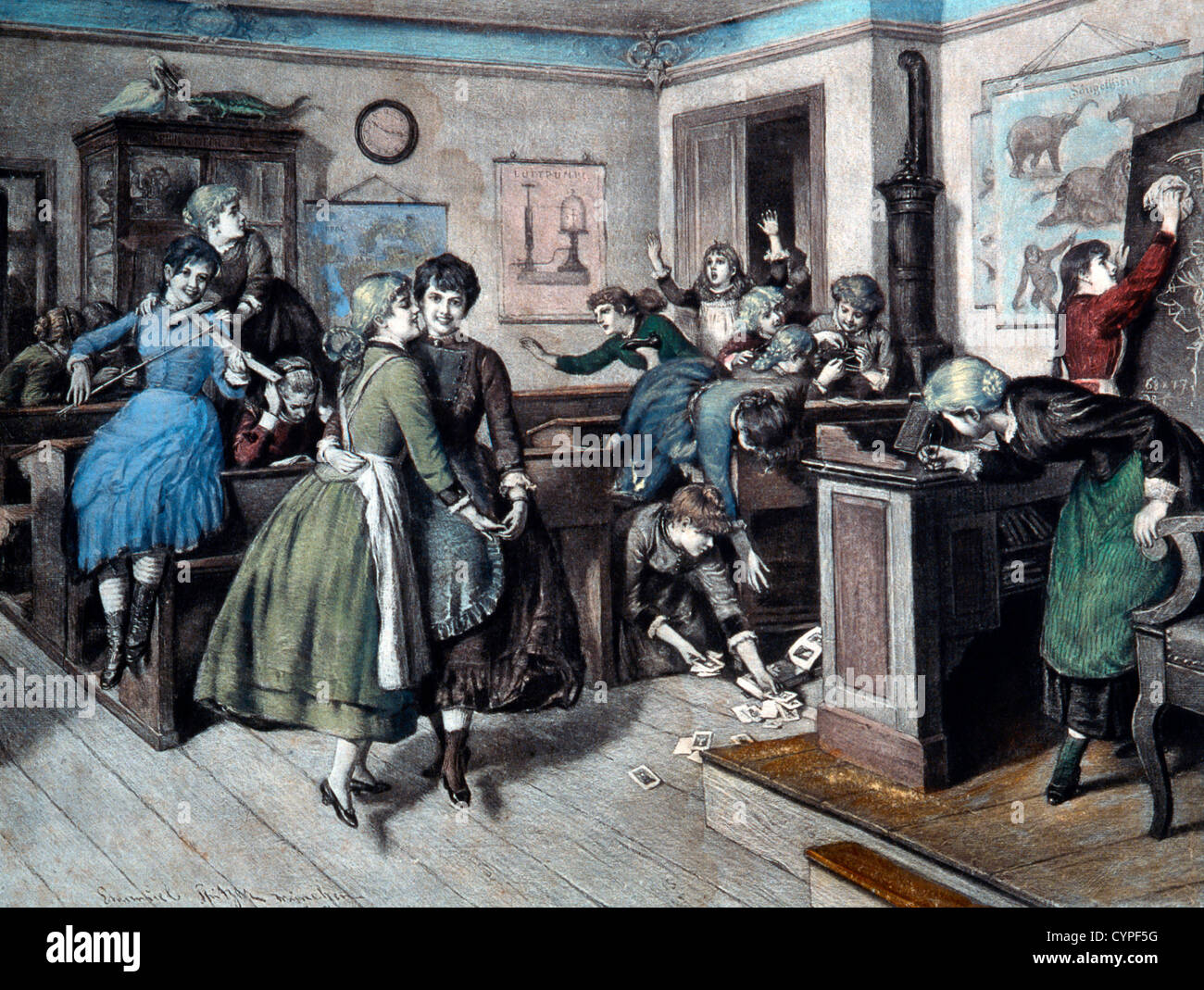 Students Misbehaving in the Classroom, The Teacher is Coming From a Painting by Emanuel Spitzer, 1807 Stock Photo