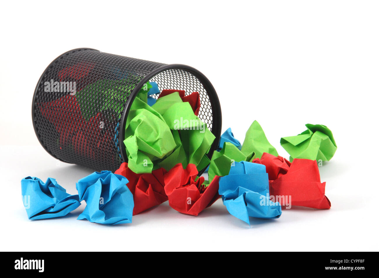 messy office with trash basket and paper isolated on white background ...