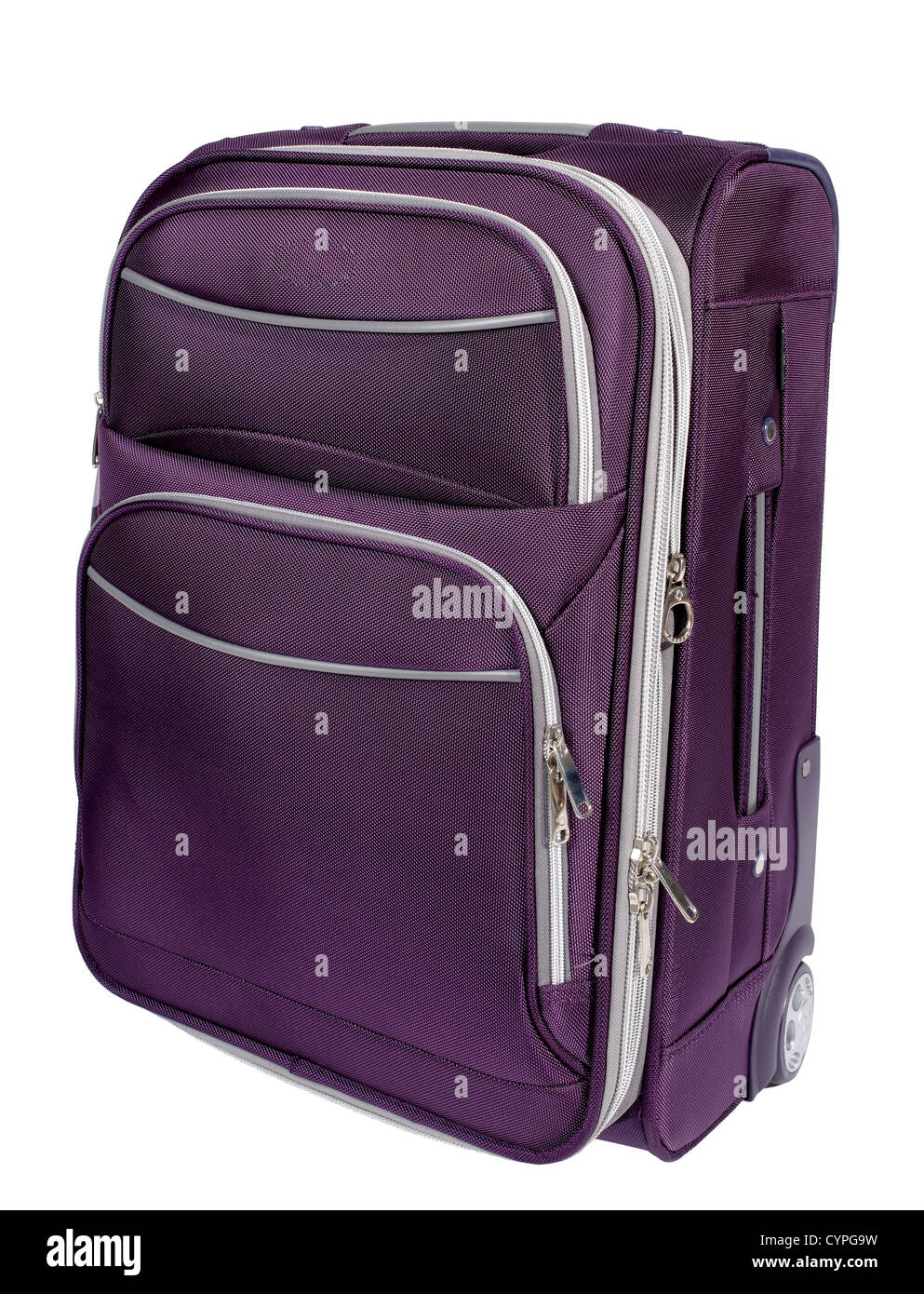 Purple carry on suitcase front Stock Photo