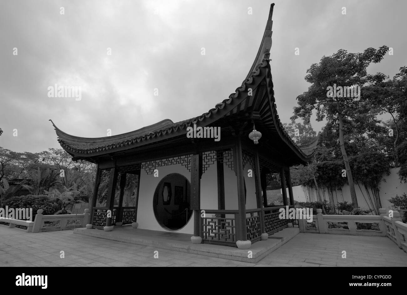 a chinese hut with nice roof, black and white Stock Photo