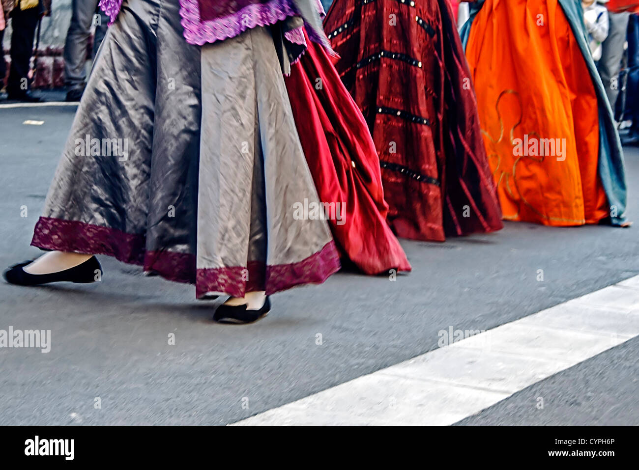 Minuet dance, performed by young people on the street, dressed in period costumes. Stock Photo