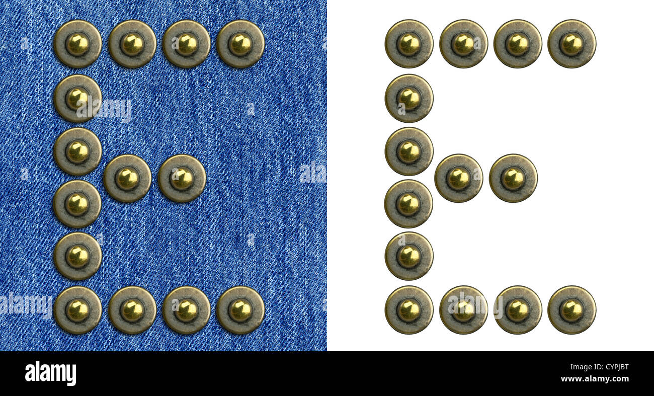 Small Riveted Letters Jeans rivet alphabet letter E. On jeans background and isolated Stock ...