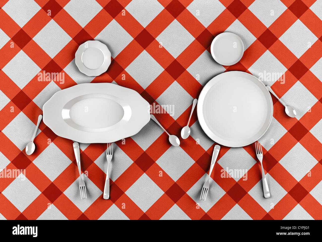 figures of men and women,  stylized by dishes on a pattern background Stock Photo
