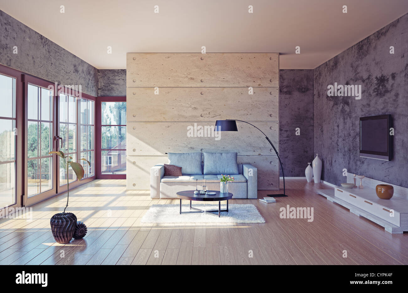 beautiful modern living room interior (illustration) Stock Photo