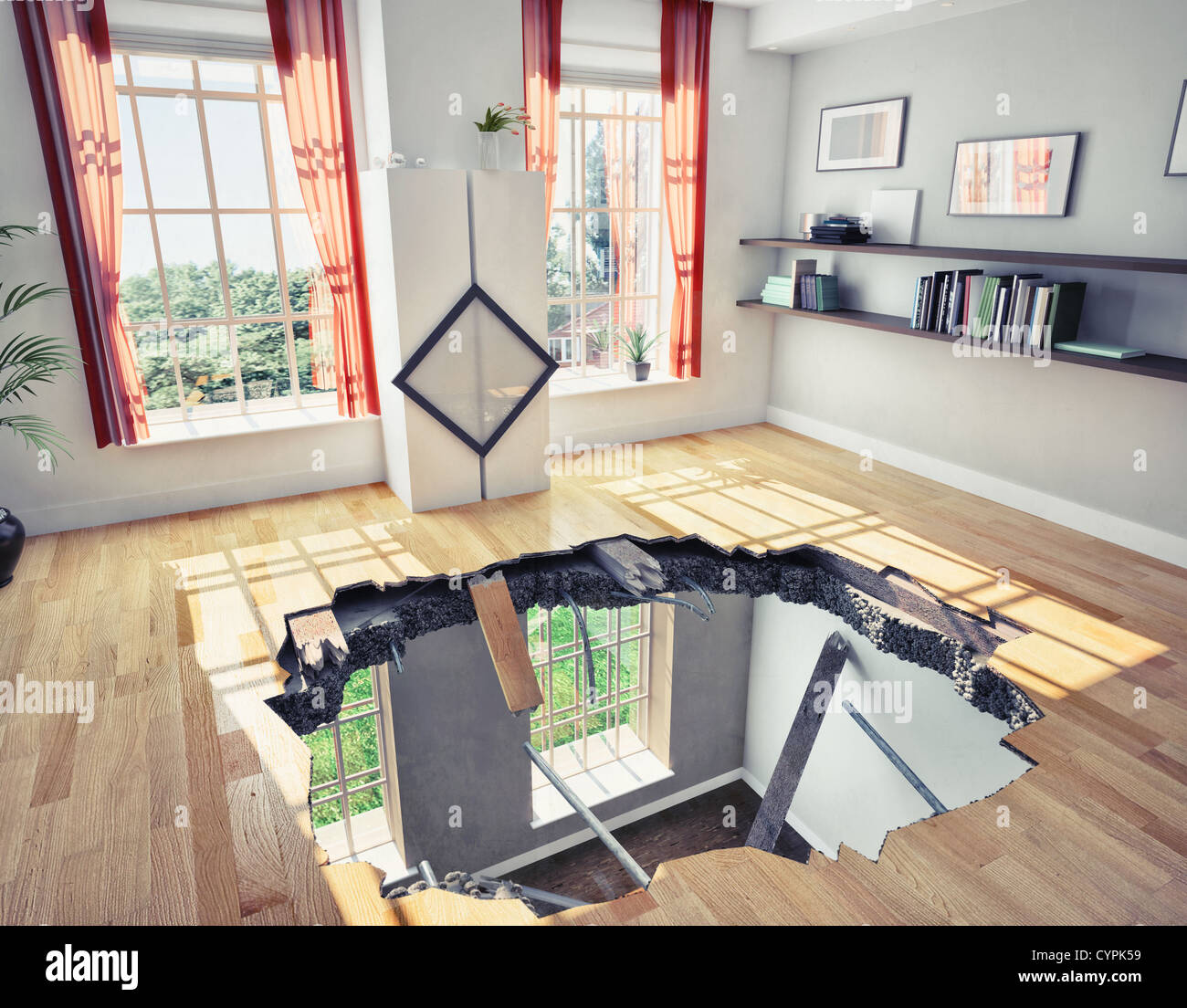 broken  floor of a residential apartment (illustrated concept) Stock Photo