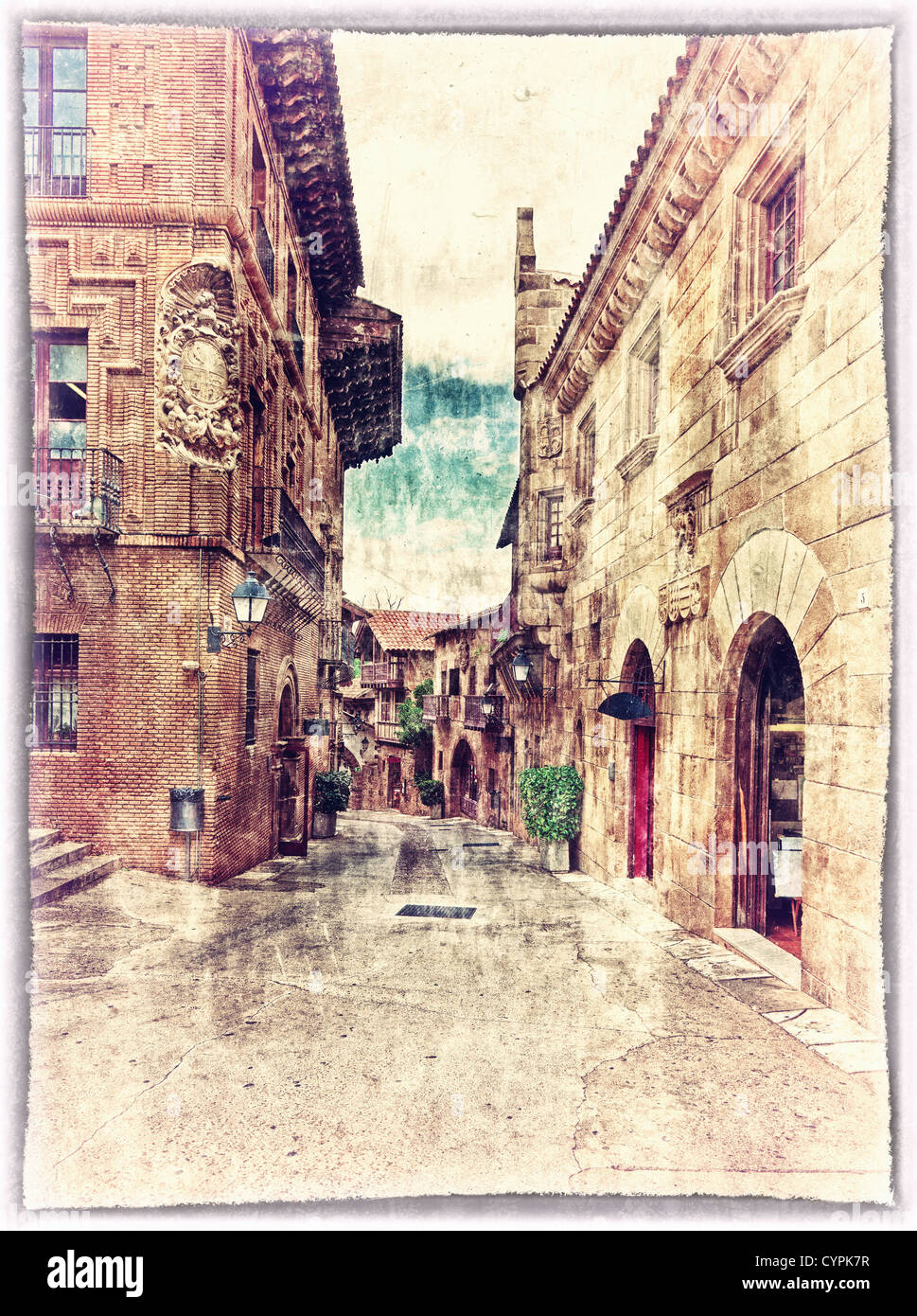 vintage style postcard of traditional architectural complex in Barcelona, Spain Stock Photo