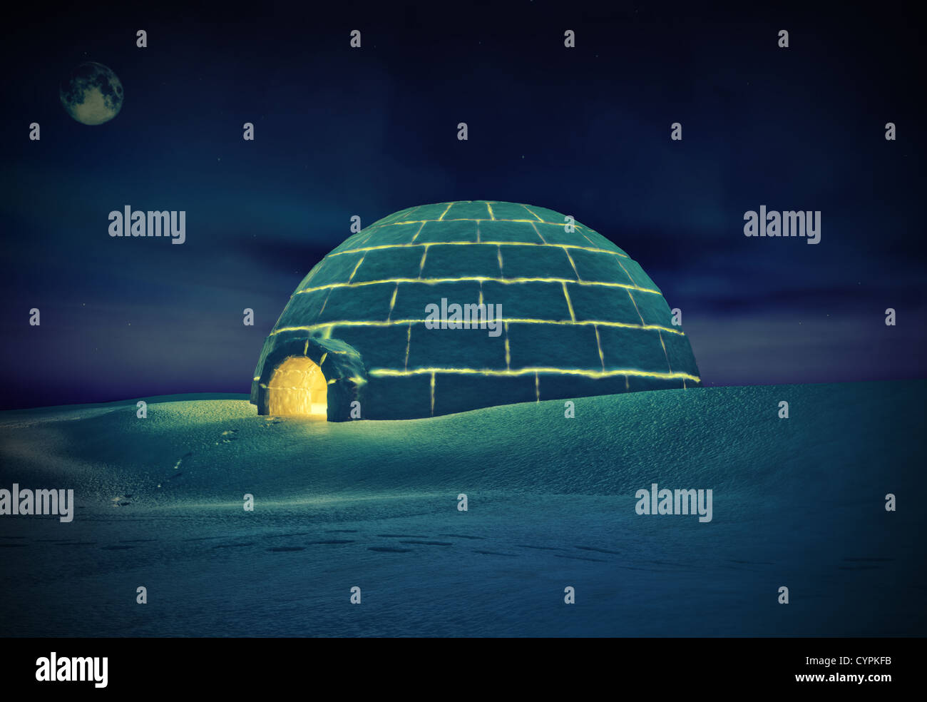 Igloo  at night ( 3D and hand-drawing elements combined.) Stock Photo