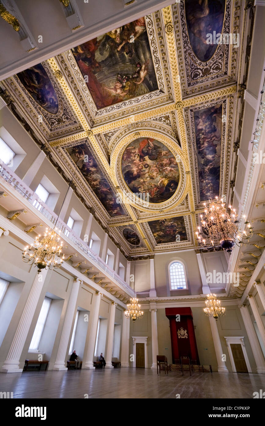 The interior / inside the Banqueting House, Whitehall, with ceiling painted by the painter Peter Paul Rubens. London UK. Stock Photo