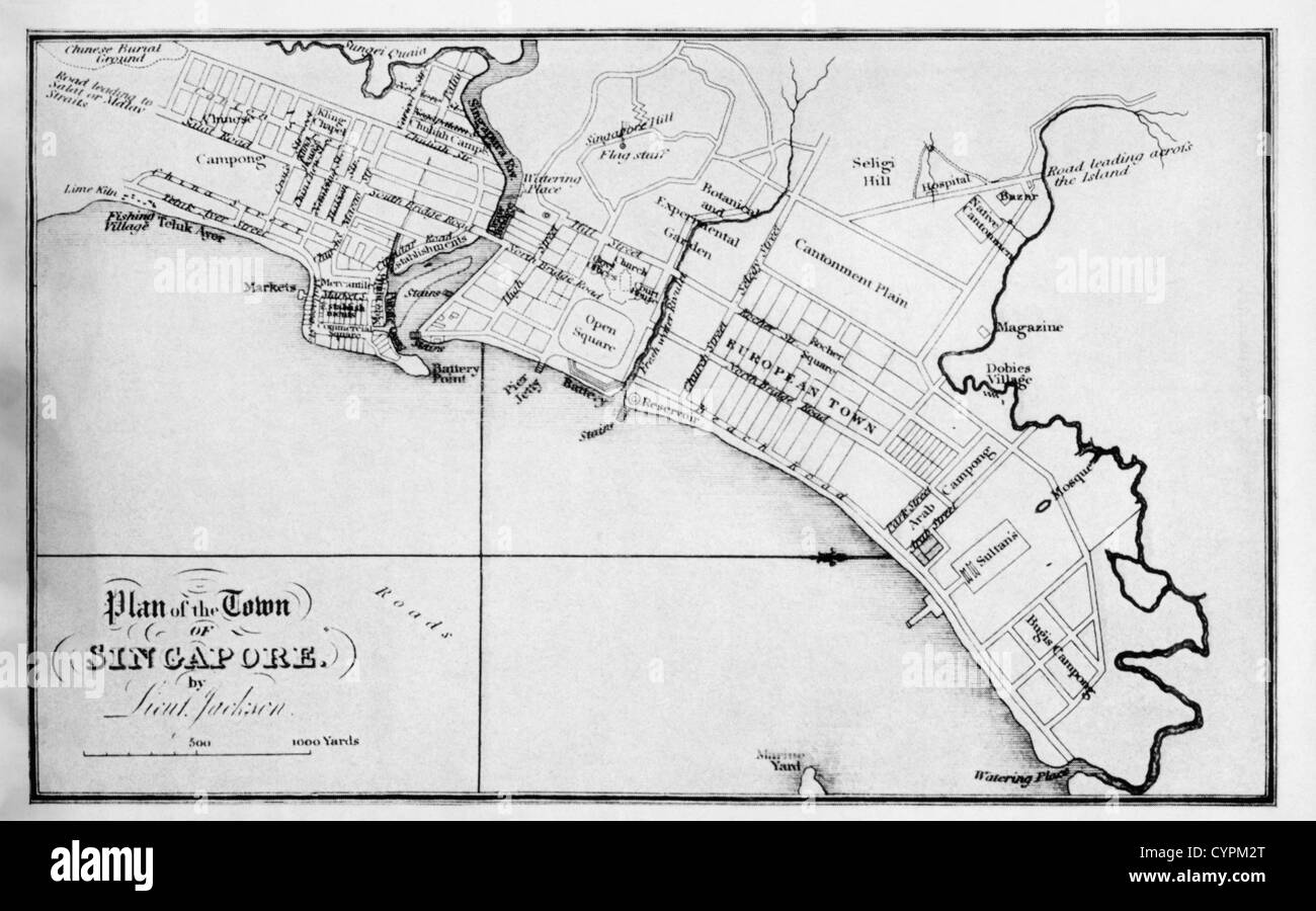 Plan of the Town Singapore from J. Crawford's 'Embassy to Siam', 1828 Stock Photo