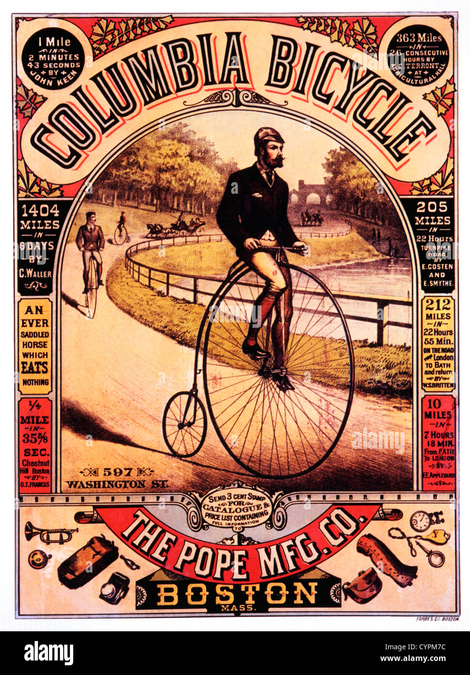 Advertisement for Bicycles, 'Columbia Bicycle, The Pope Mfg. Company Boston, Massachusetts, Circa 1885 Stock Photo