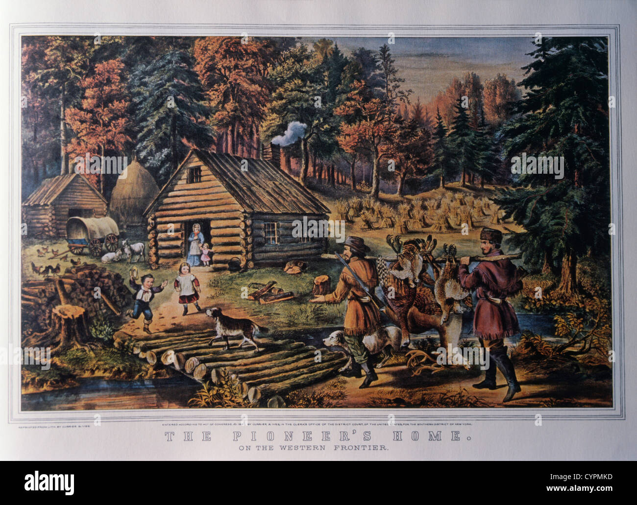 Pioneer's Home on the Western Frontier, Currier & Ives, Lithograph, 1867 Stock Photo