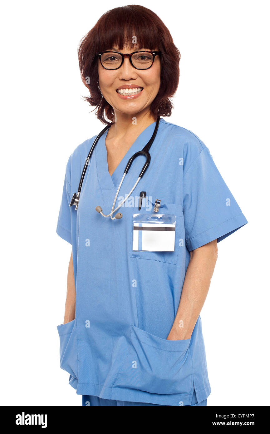 Relaxed female surgeon posing casually. Isolated on white Stock Photo ...