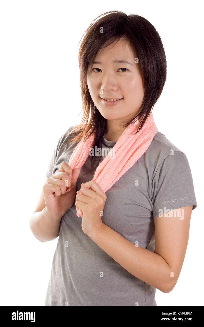 Female Asian in sports attire with a towel over white background Stock  Photo