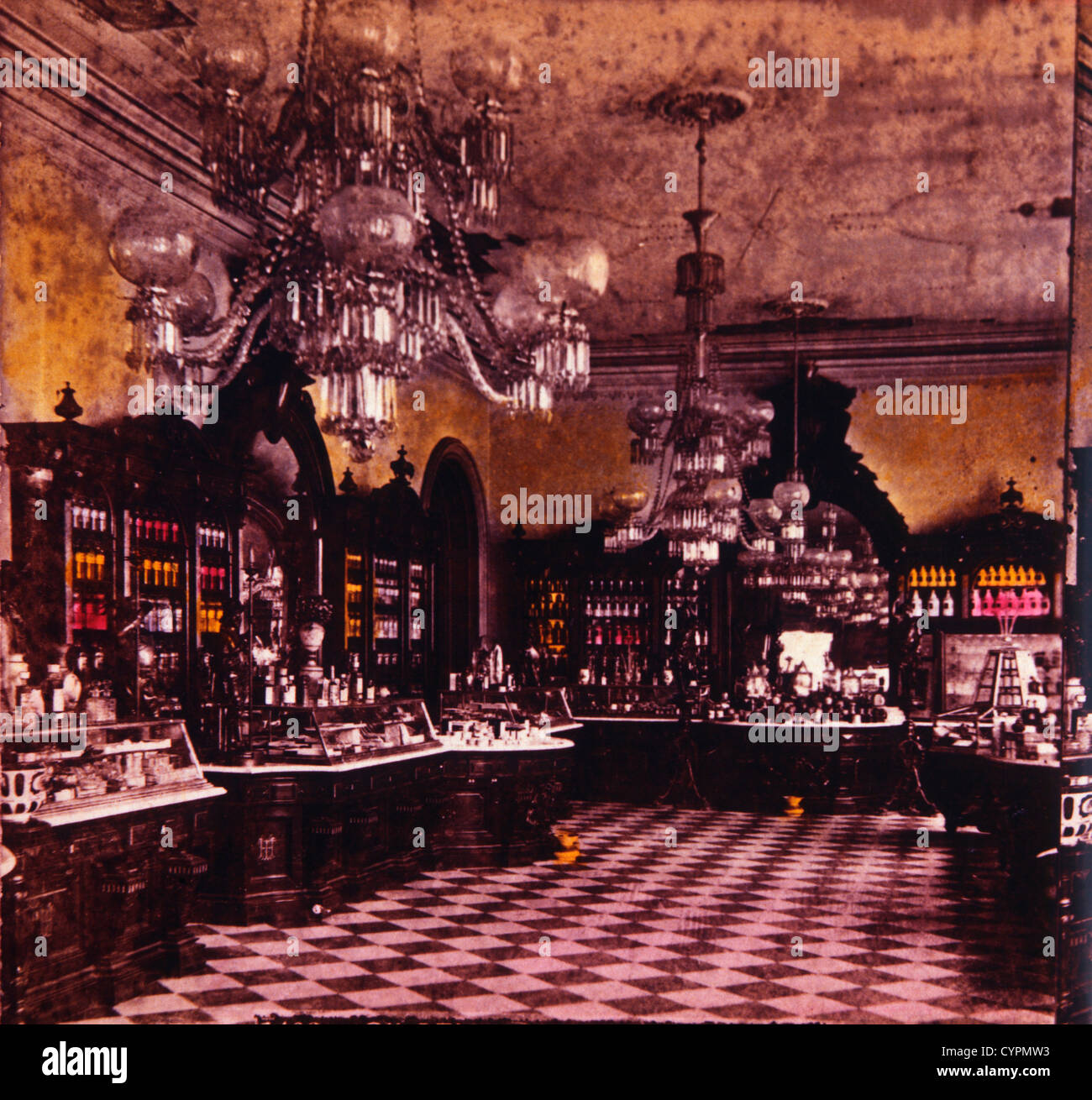 Drug Store, Gilsey House, Hand Colored Stereo Photograph, 1890 Stock