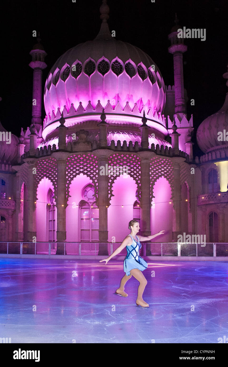 Brighton, UK. 8th Nov, 2012. British figure skater Kirstie Newbrook takes to the ice in front of a beautifully lit Brighton Pavilion as the Ice Rink opens in Brighton November 8th 2012 phot Credit: Julia Claxton/Alamy Live News Stock Photo