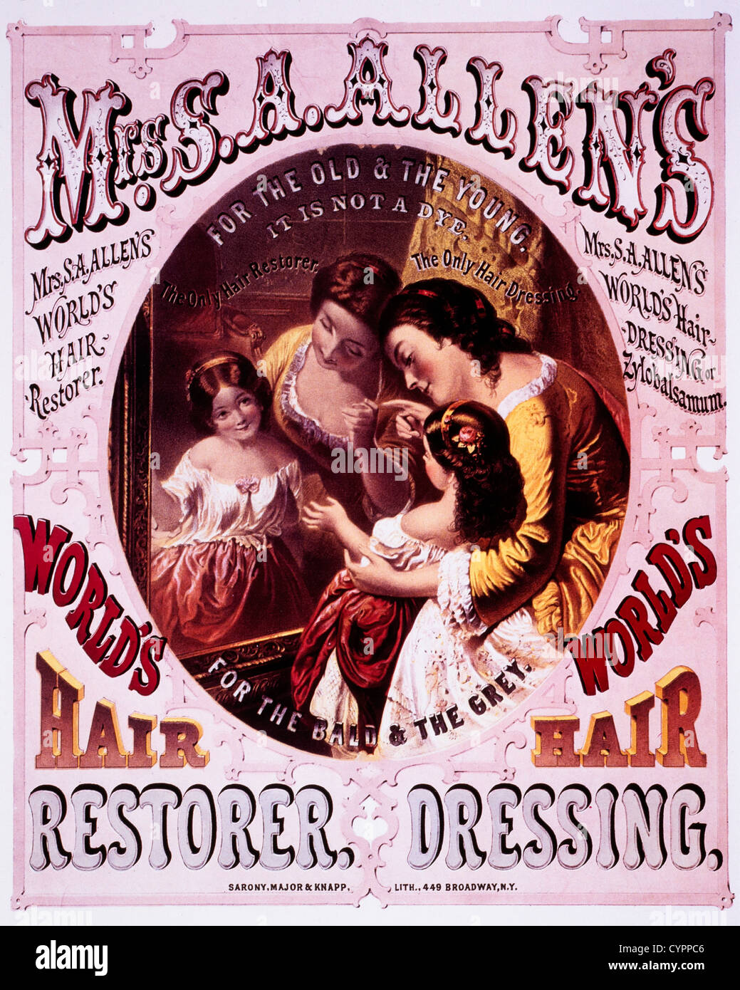 Mother and Daughter Portrait, Mrs. A. Allen's World's Hair Restorer, Hair Dressing, Trade Card, 1860 Stock Photo