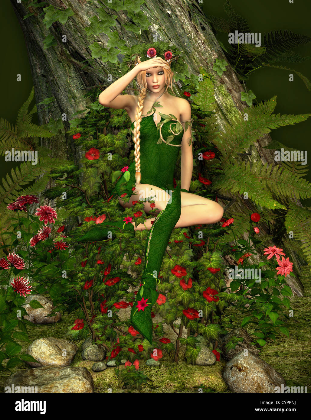 a decorative illustration of a fairy in the woods Stock Photo
