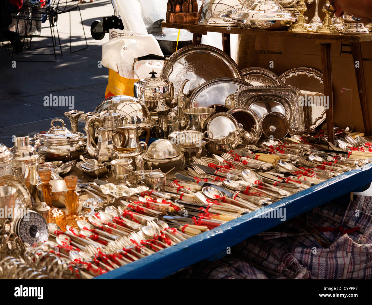 Stall Portobello Road selling vintage silver Stock Photo Alamy