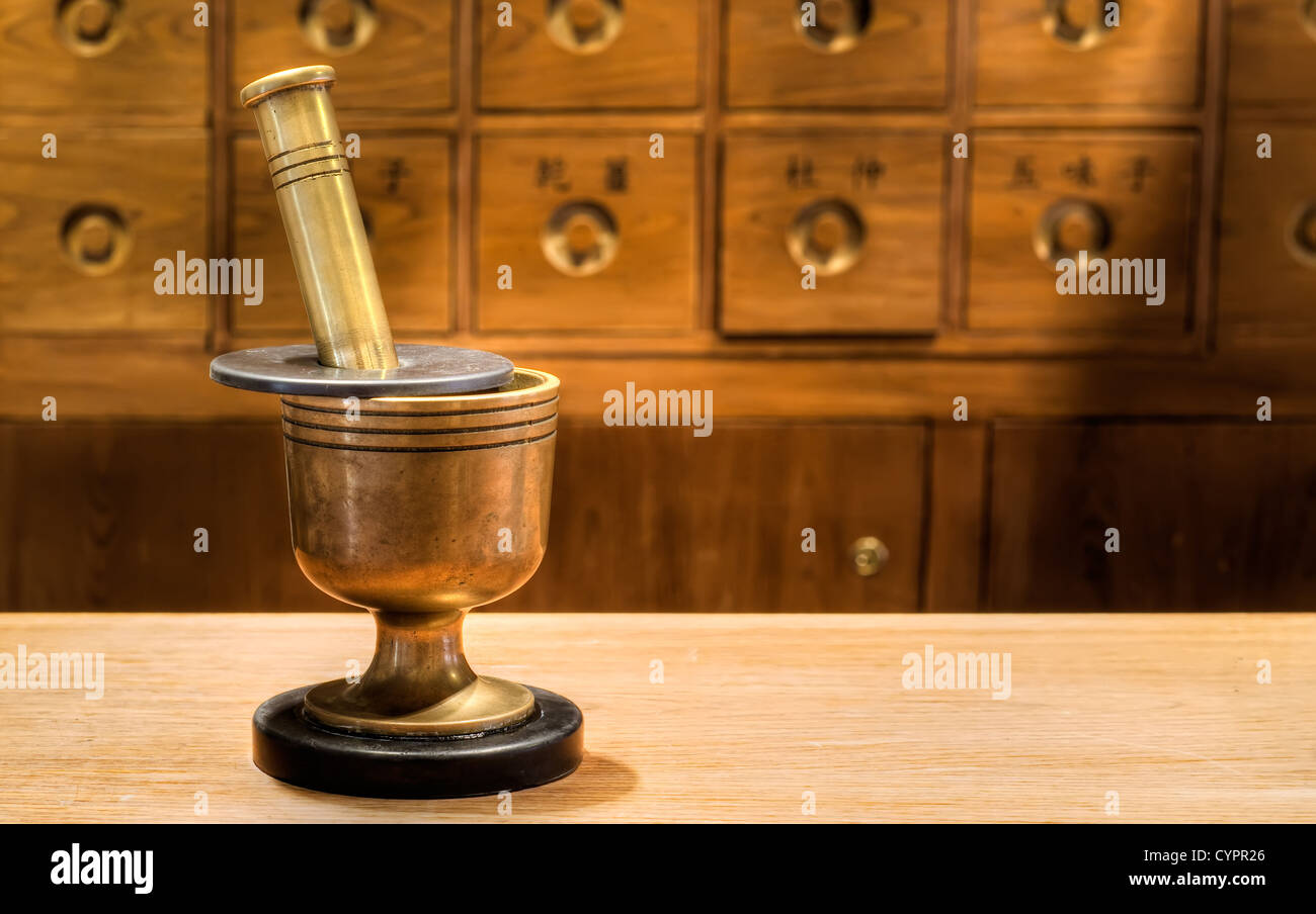 Antique traditional Chinese medicine tool in pharmacy. Stock Photo