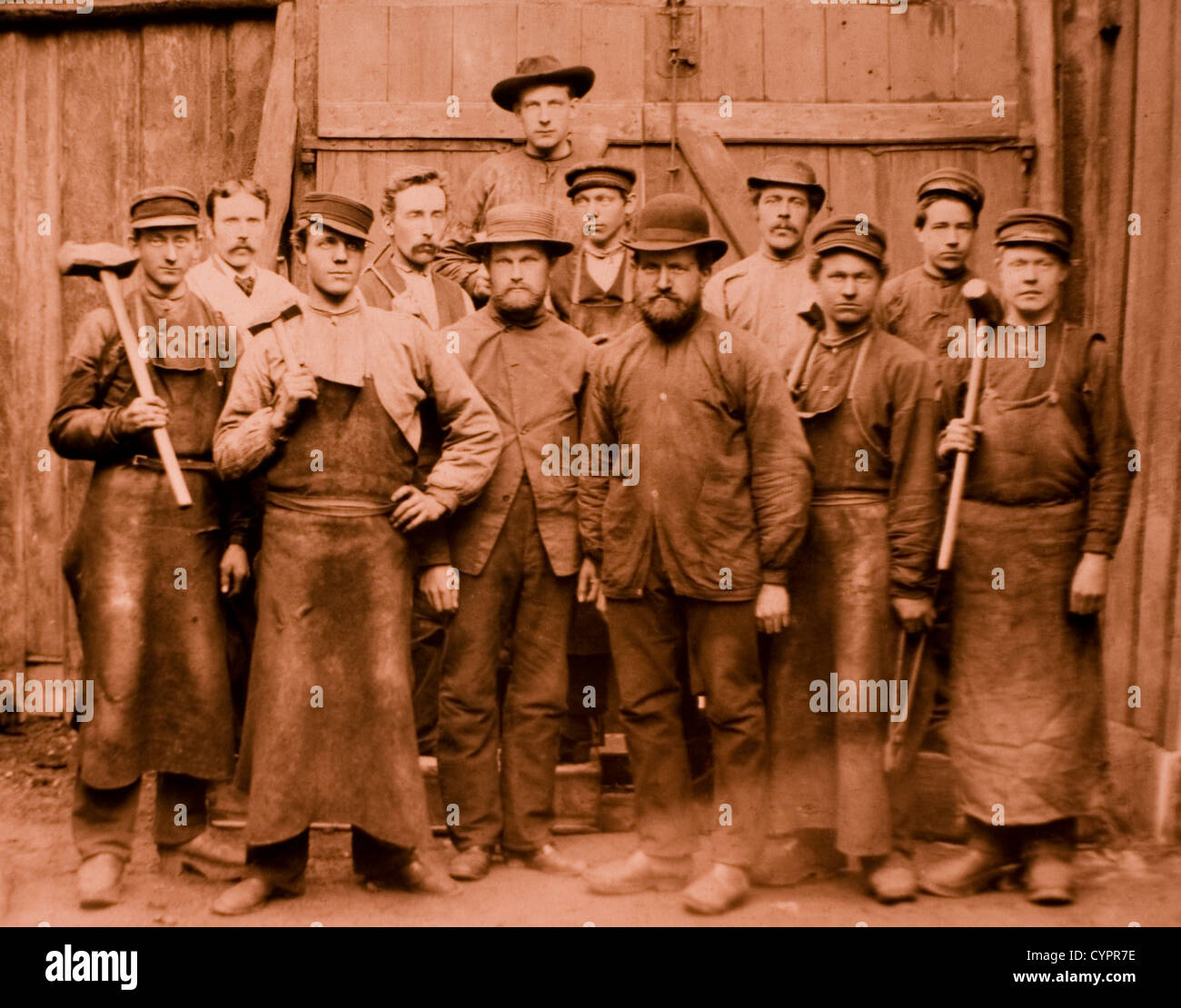Group of Workers, Four Holding Sledgehammers, Albumen Photograph, Circa 1880 Stock Photo