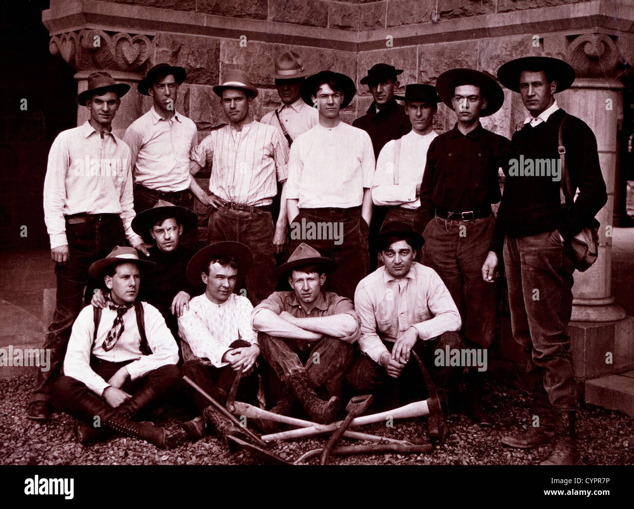 Group of Workers With Picks and Shovels, Circa 1890 Stock Photo