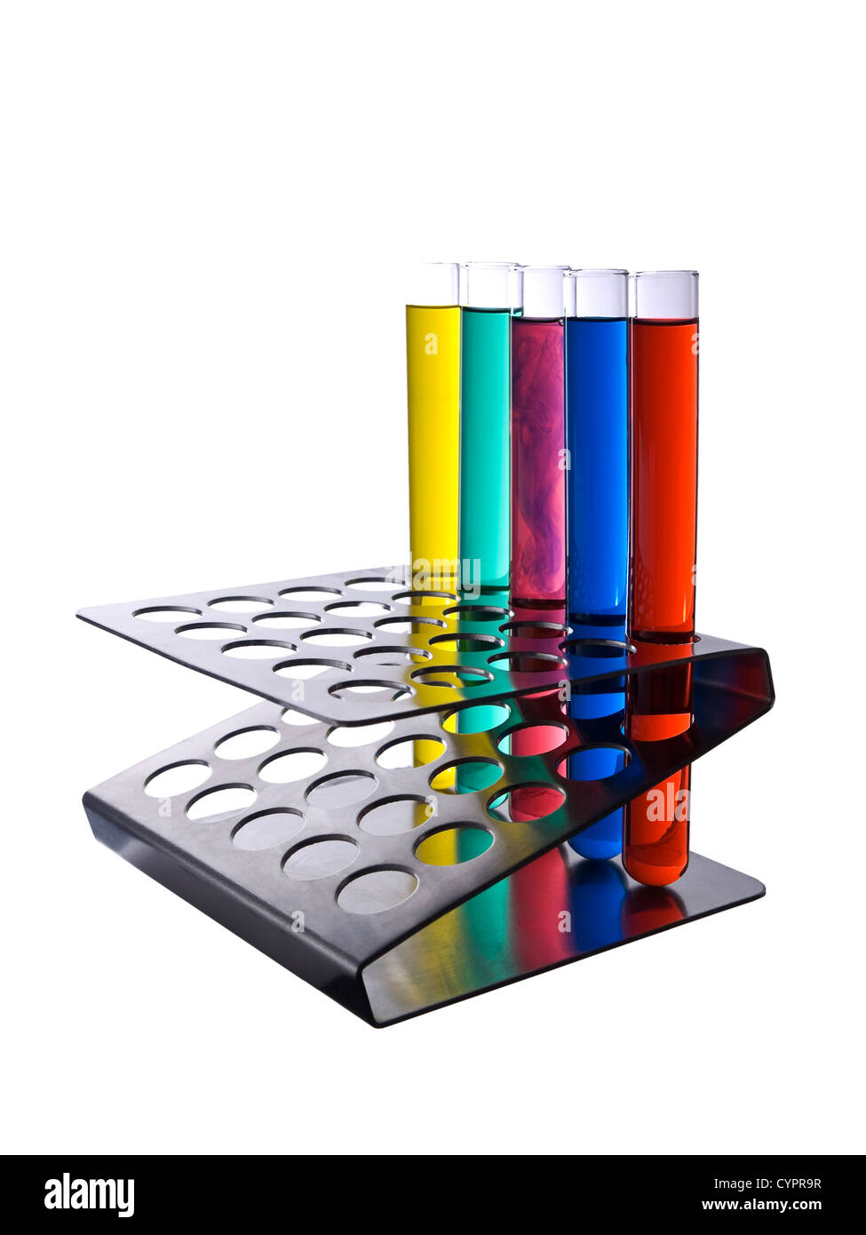 Several test tubes filled with color liquids. Isolated on white. Stock Photo