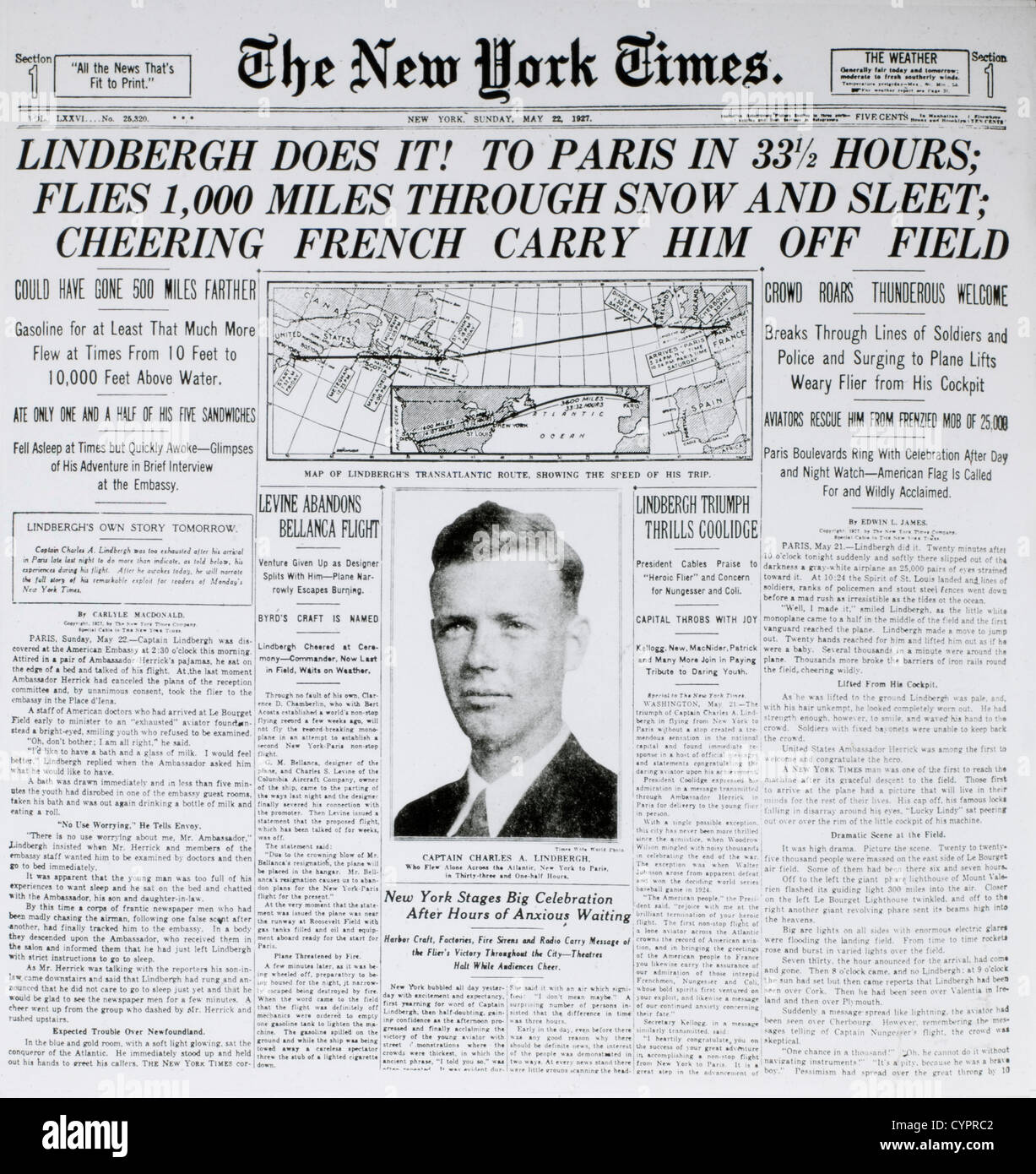 New York Times Front Page, Lindbergh Does It!, May 22, 1927 Stock Photo