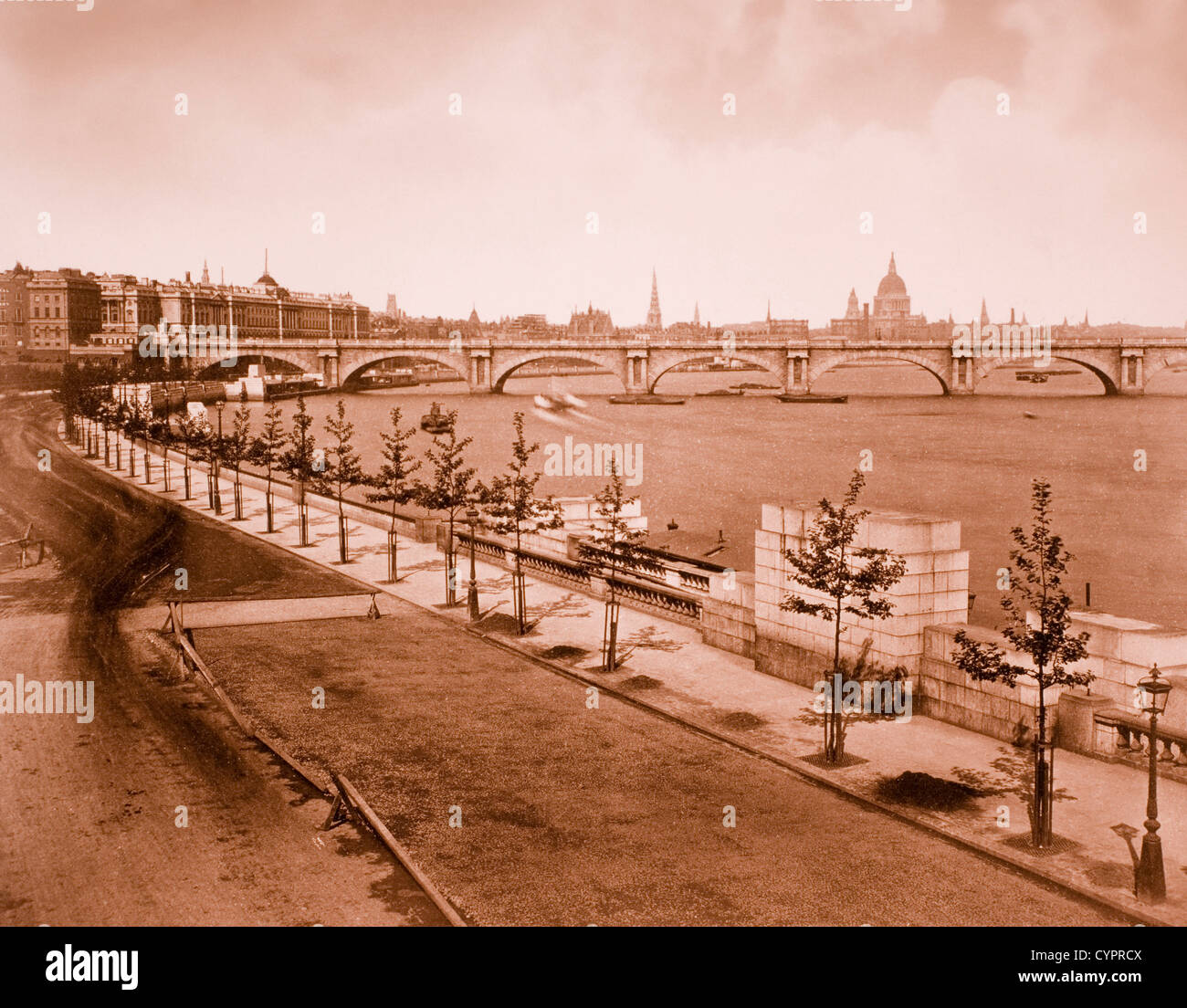 View of River Thames and Bridge, London, England, United Kingdom, 1890 Stock Photo