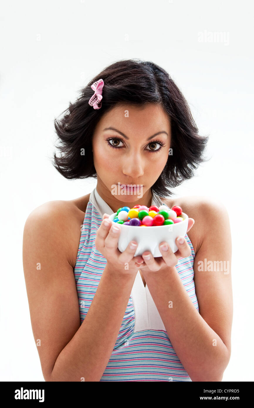 Happy Beautiful Candy Girl With A Bowl Of Colorful Bubblegum Candy ...