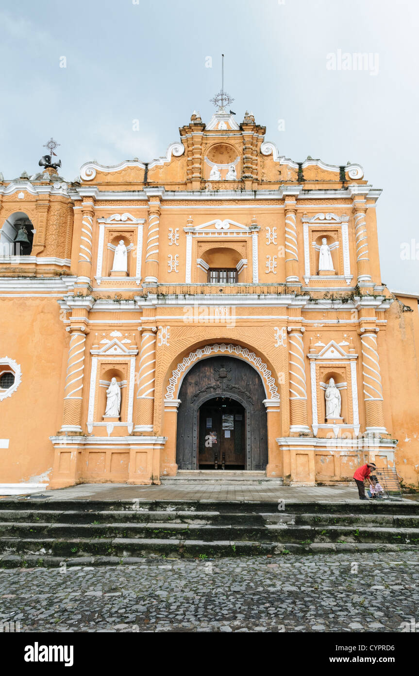 The burnt sienna colored Iglesia en San Pedro las Huertas, about 15 minutes away from Antigua, Guatemala. Stock Photo