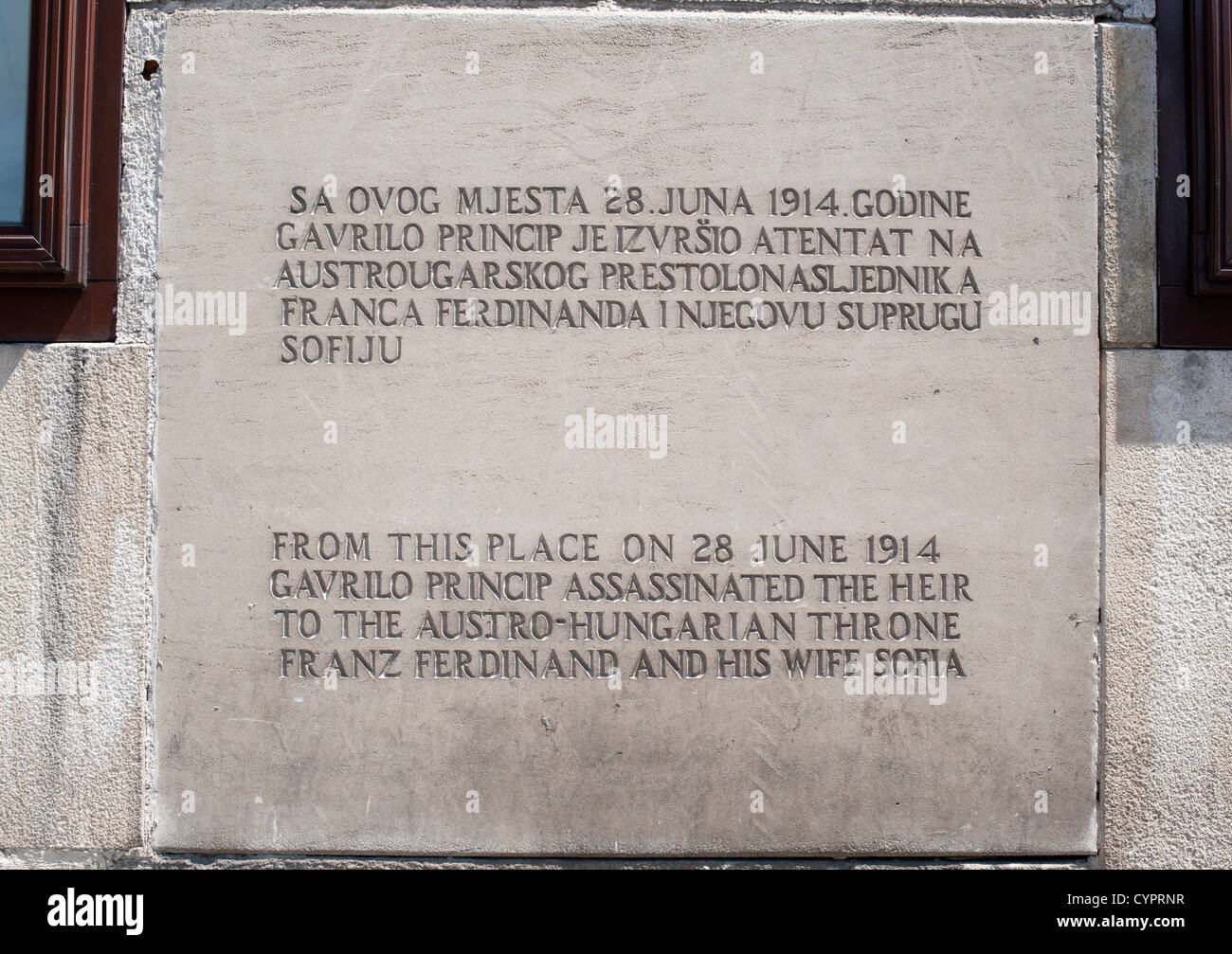 Plaque marking where Gavrilo Princip assassinated Archduke Franz Ferdinand and his wife Sofia in Sarajevo on 28 June 1914. Stock Photo