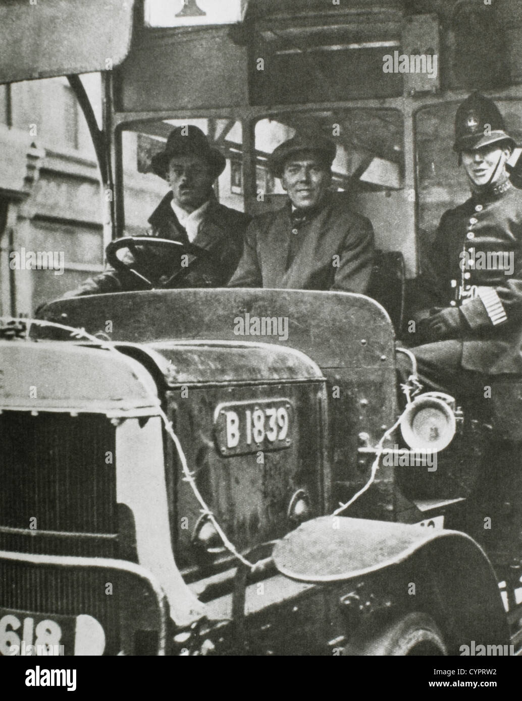 Police and Civilians Driving Public Bus During General Strike, London, United Kingdom, 1926 Stock Photo