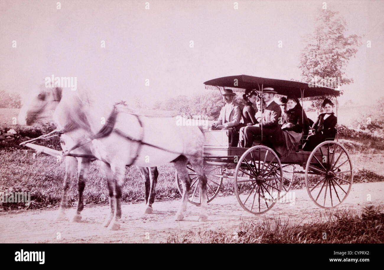 Group of People in HorseDrawn Wagon, New York, USA, Circa 1900 Stock
