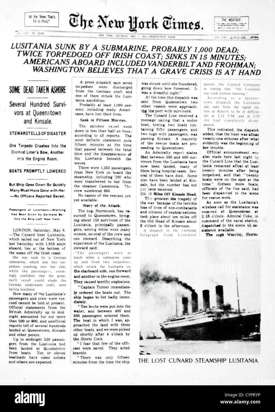 Sinking of Lusitania by German Submarine, New York Times Front Page, May 8, 1915 Stock Photo