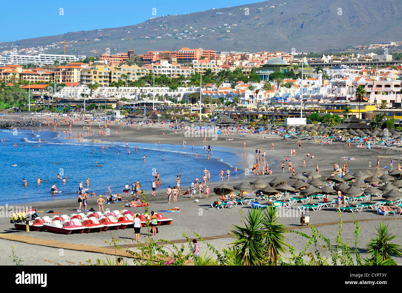 Playa de Torviscas with Playa Fanabe in the background, Costa Adeje, Tenerife, Canary Islands Stock Photo