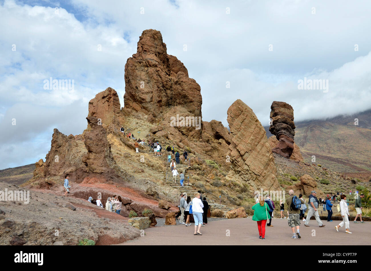 Tourists visit the Roques de Garcia in the canadas del teide national park on the island of Tenerife, Canary Islands Stock Photo