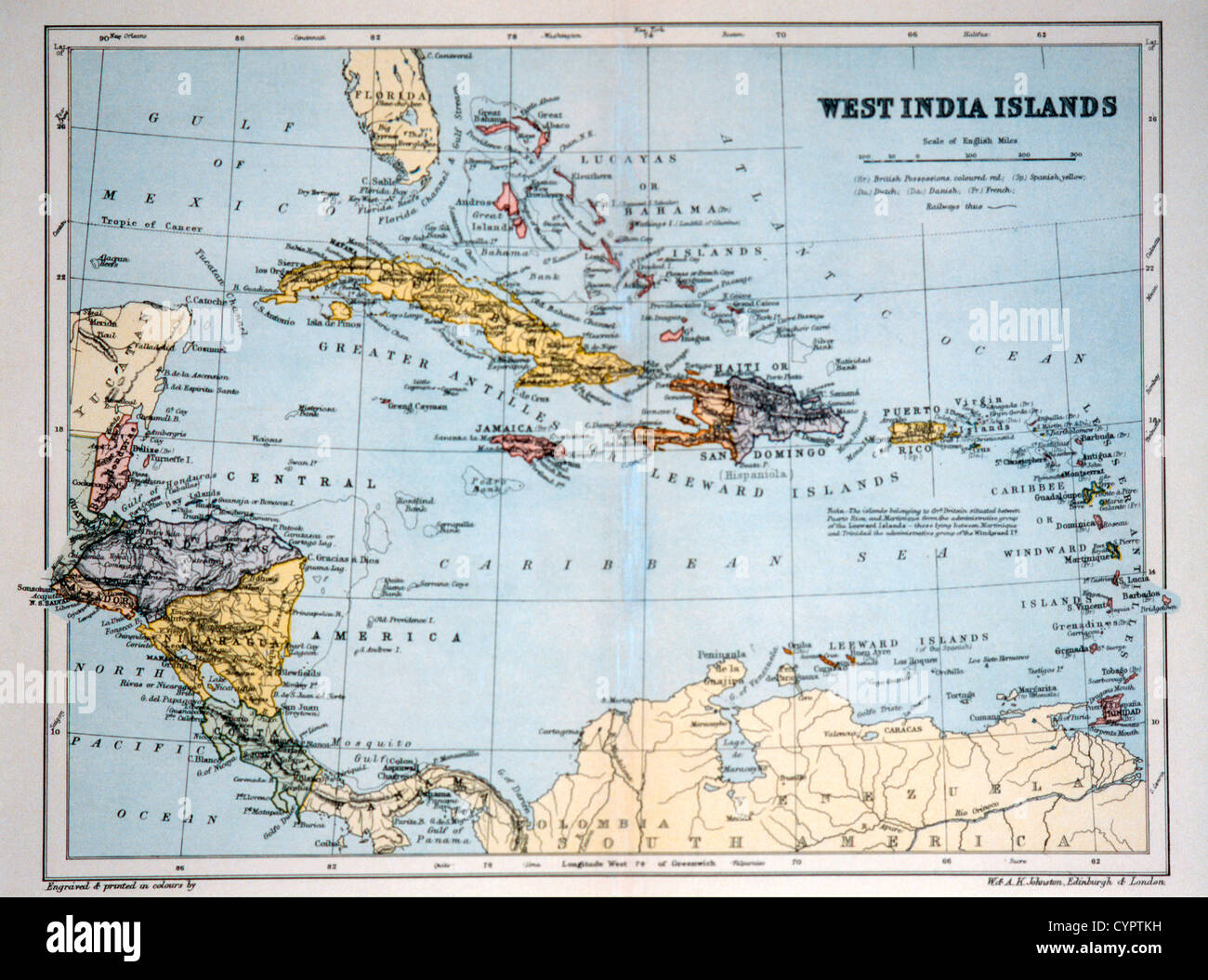 West India Islands, Historical Map, Circa 1893 Stock Photo