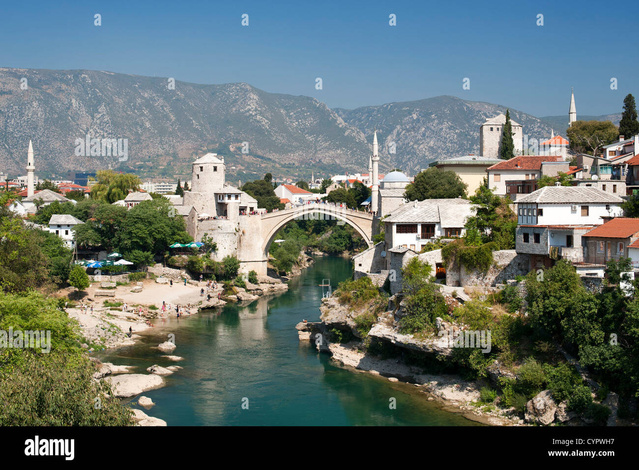 The Stari Most 'Old Bridge' and Neretva River in Mostar in Bosnia-Herzegovina. Stock Photo