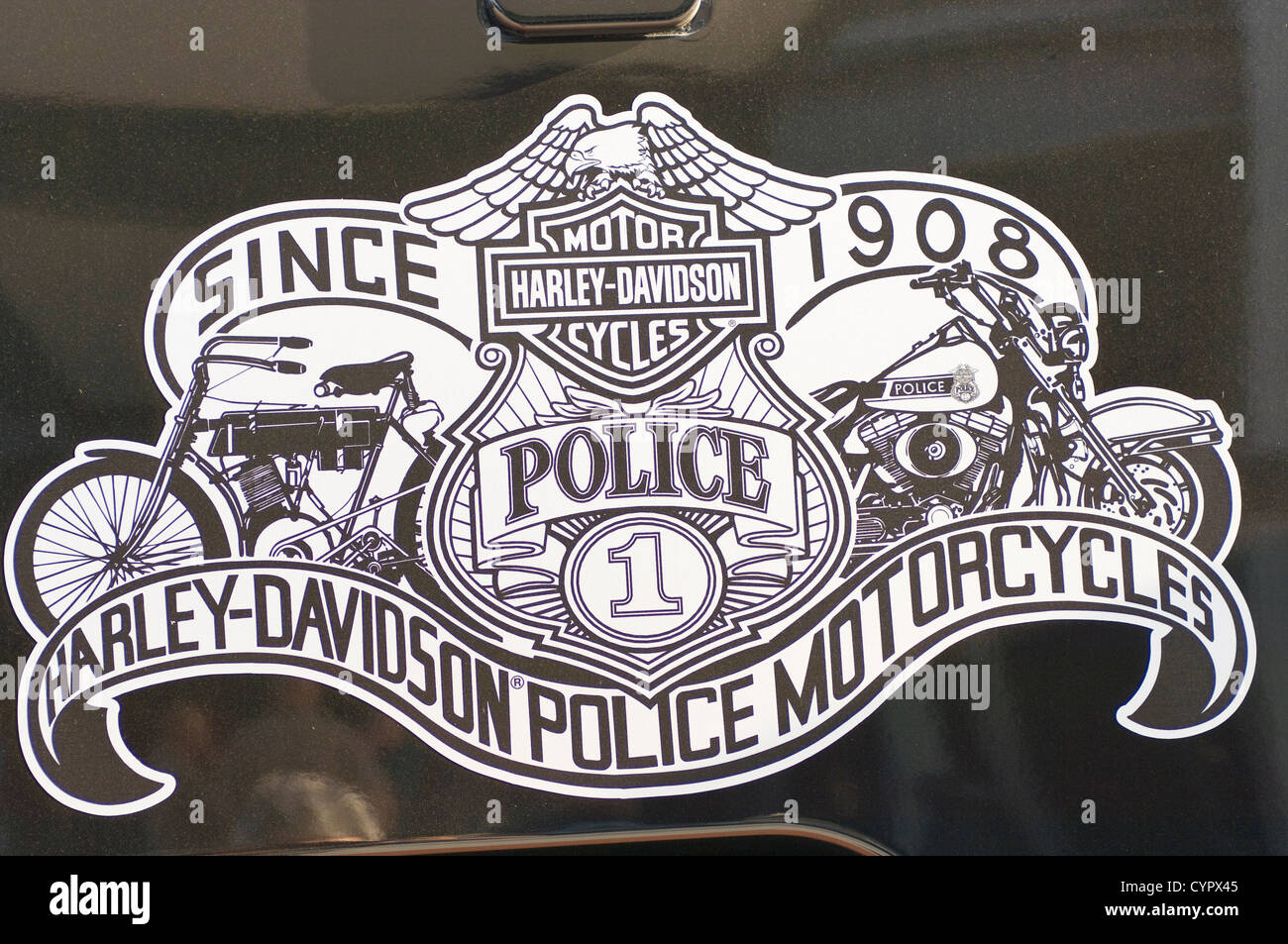 Police badge insignia at Harley Davidson Museum Milwaukee, Wisconsin. Stock Photo