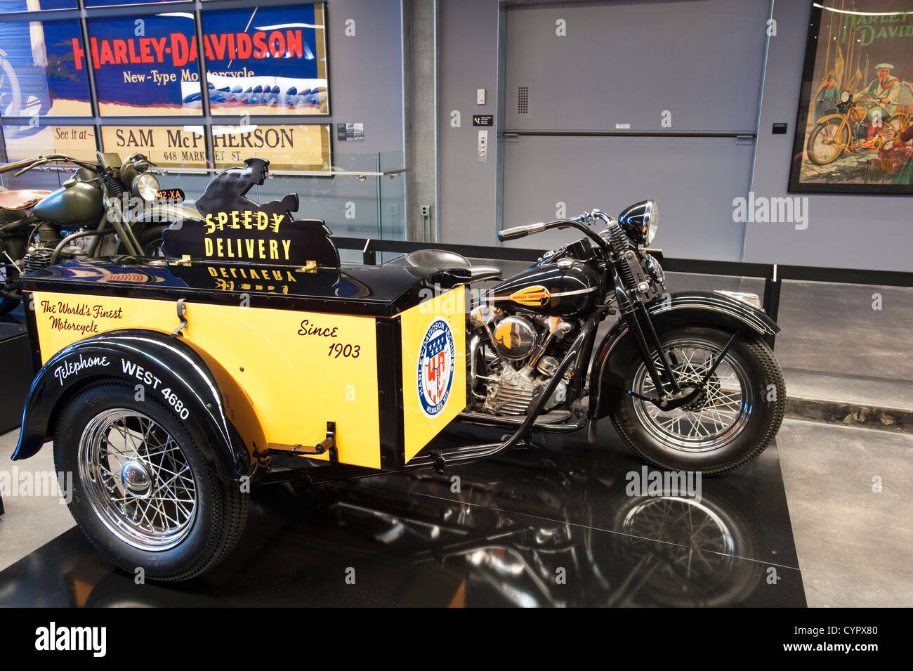 1941 Knucklehead Package Truck motorcycle Harley Davidson Museum, Milwaukee, Wisconsin. Stock Photo