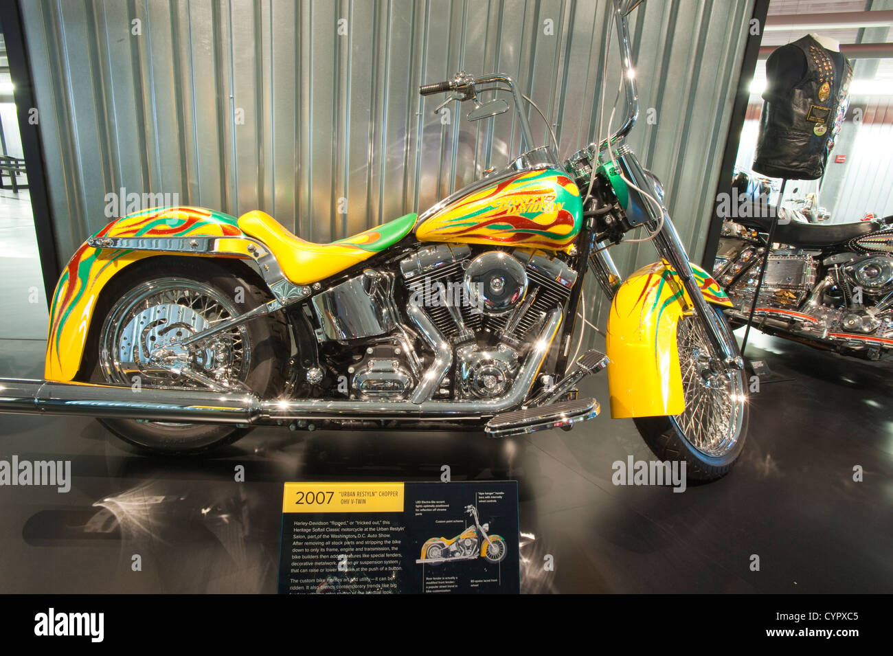 2007 urban restyle chopper ohv v twin motorcycle Harley Davidson Museum, Milwaukee, Wisconsin. Stock Photo