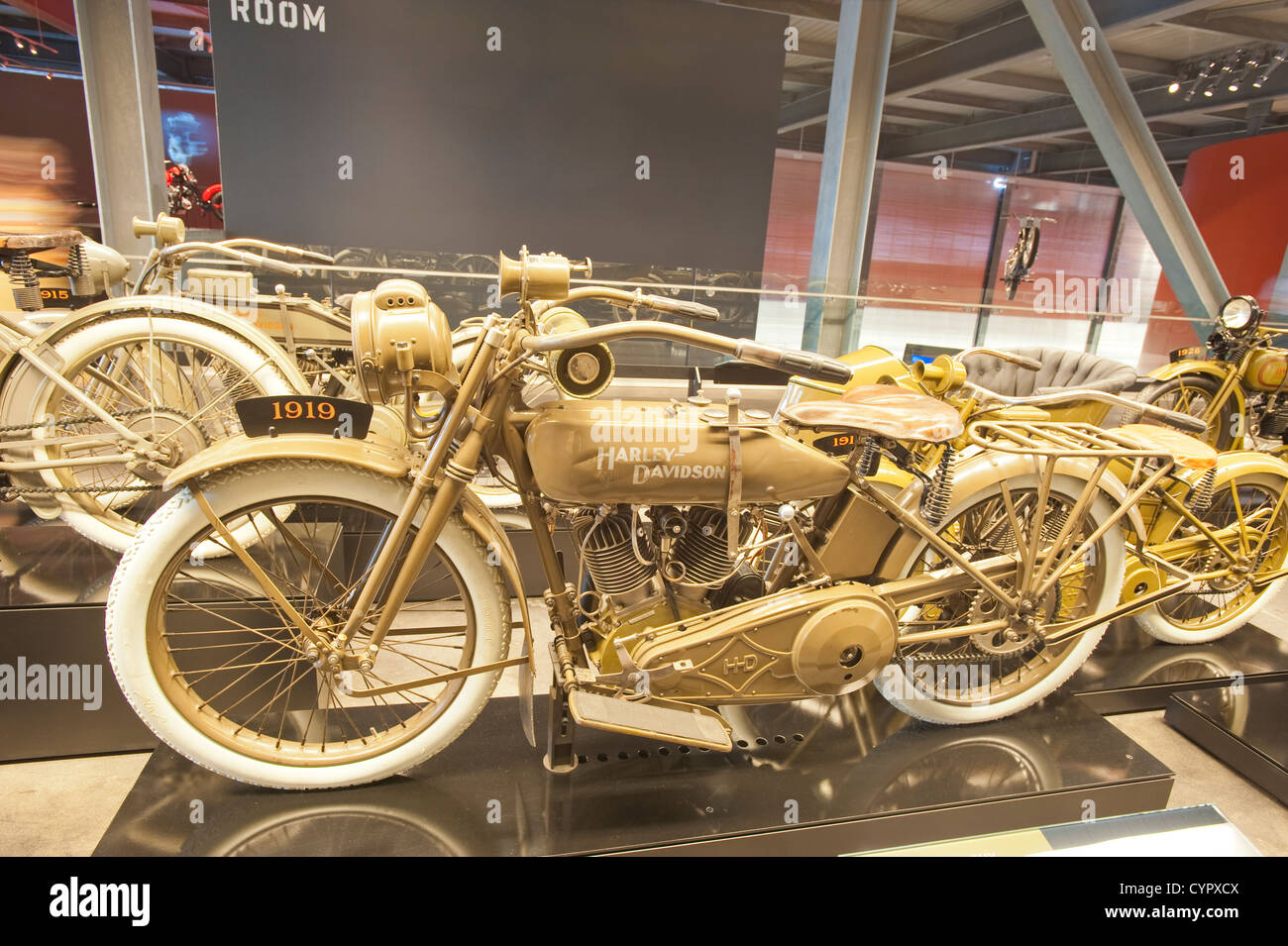 1919 Fus Army F-Head V-Twin motorcycle Harley Davidson Museum, Milwaukee, Wisconsin. Stock Photo